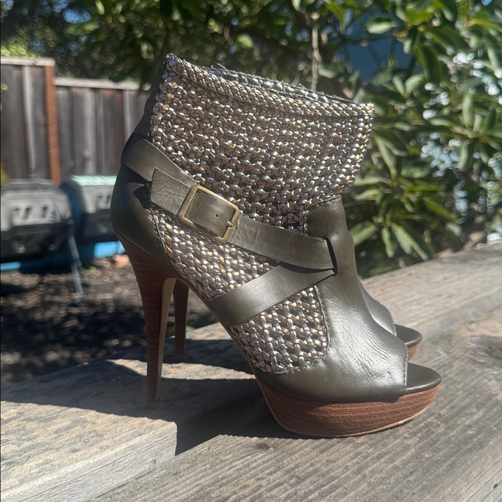 Steven Pokerr Leather Peep-Toe Ankle Booties
